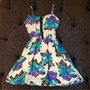 Vintage Floral Dress in Cream, Purple, and Teal, Corset-Style Top